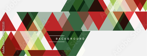Abstract geometric shapes, triangles dominate composition. Red, green, gray hues create modern visual texture. White space balances design.