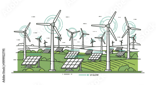 Illustration of wind turbines and solar panels in a green landscape with a white background and a mix of green and blue accents.