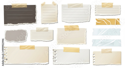 Collection of Torn Paper Pieces with Adhesive Tape.