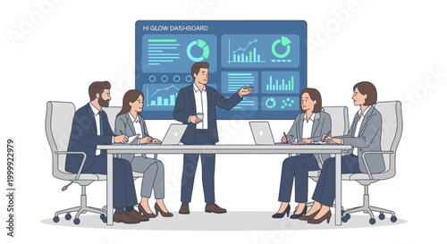 Illustration of a business team in a meeting with a presenter gesturing in front of a large screen displaying graphs and charts.