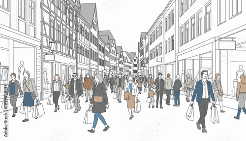 Illustration of a bustling city street with people walking in both directions carrying shopping bags in a black and white urban setting.