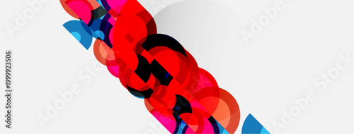 Abstract design features overlapping circles, vibrant colors, dynamic composition. Red, black, cyan hues create modern aesthetic.