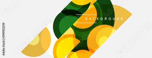 Abstract geometric shapes overlap, creating dynamic composition. Yellow, green hues dominate design, modern aesthetic.