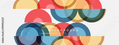 Abstract geometric shapes overlap creating colorful background. Circles, semicircles, lines form modern design. Minimalist aesthetic.