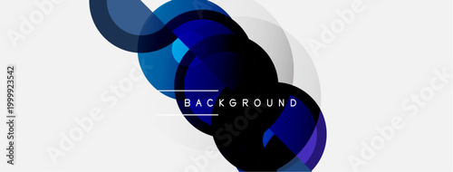 Abstract design features overlapping circles, gradients. Blue, gray tones dominate neutral background. Text reads BACKGROUND. Modern, minimalist aesthetic.