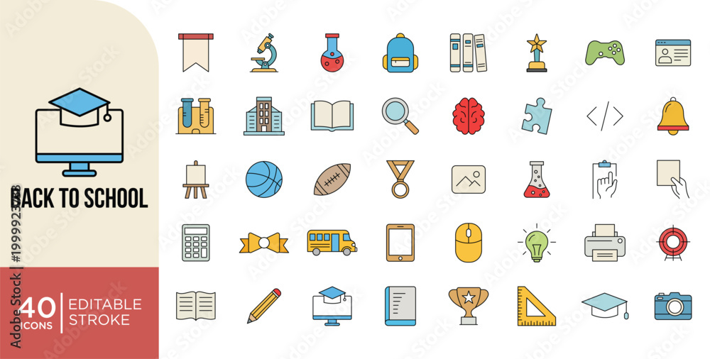 Fototapeta premium Back to School Icons Set. Education, Learning and Student, Learning and Study, Knowledge Editable Stroke Vector Outline Symbols
