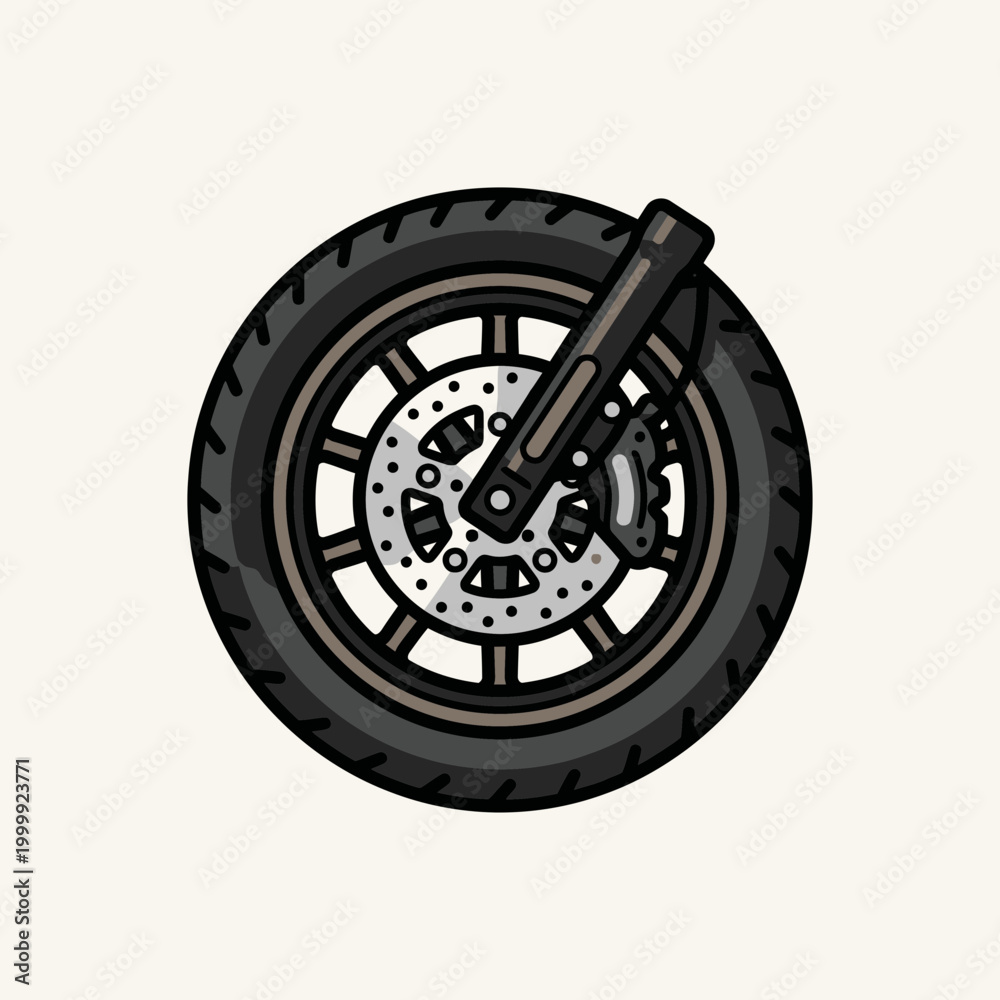 Obraz premium Detailed illustration of a motorcycle front wheel with tire, disc brake, and suspension fork on a light background.