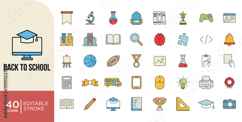 Back to School Icons Set. Education, Learning and Student, Learning and Study, Knowledge Editable Stroke Vector Outline Symbols