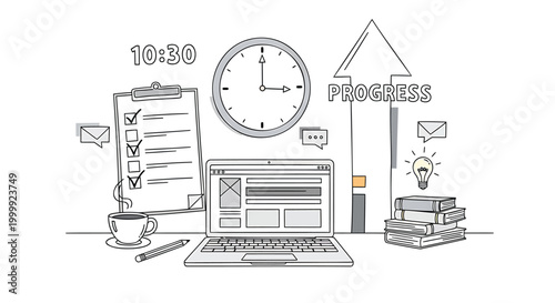 Productivity icons, business workflow symbols, office routine illustrations, professional development graphics