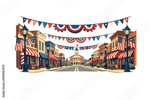 patriotic main street, americana town, small town parade, red white blue decor, flags on main street, americana style, historic downtown, independence day theme, patriotic street, community celebratio