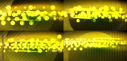 Bright yellow bubbles float over dark backgrounds. Patterns suggest digital data streams, glowing effects present. Abstract design.