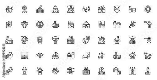 World Refugee Day icon set. Minimal line vector pack. Includes symbols for food, tent, passport, donation, peace, war, security, refugee, first aid, immigration, family and more. Editable stroke.