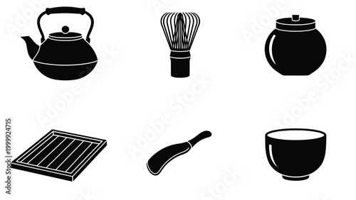 Traditional Japanese Tea Ceremony Utensils Icons Set. Matcha Preparation Tools Collection.