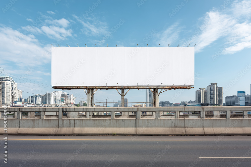 Fototapeta premium Empty Billboard Over River With City Skyline and Night Lights for Outdoor Advertising Mockup