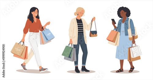 Vector illustration of fashionable women walking with shopping bags and wearing dresses in a black art style for business sale and beauty shop customer advertising