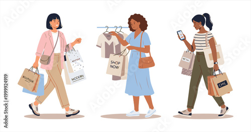 A stylish fashion illustration depicts a silhouette of a woman and two girls carrying shopping bags, capturing a happy group of people in elegant dresses showcasing beauty and modern style
