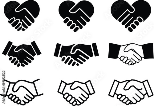 Handshake icon set vector symbol of agreement partnership trust business deal greeting collaboration communication professional support unity concept collection group.