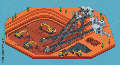Open pit mine with excavators and processing plant illustration.