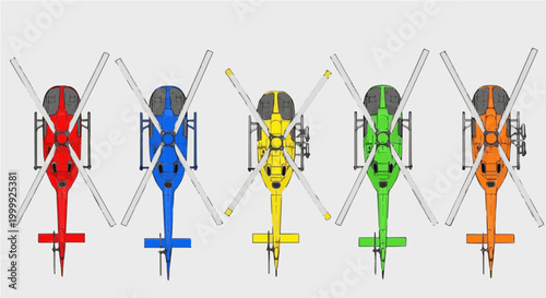 Top View Helicopter Illustration Set, Five Multi-Colored Vector Motor-Rotor Aircraft, Bird's Eye View Transportation Design