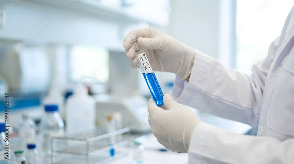 Fototapeta premium Scientist in Lab Coat Holding Test Tube with Blue Liquid, Close-up