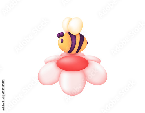 Illustration of a cute and adorable bee. A bee flying over a beautiful flower. Flying insect. Icon, symbol, decorative element, 3D vector style. White background
