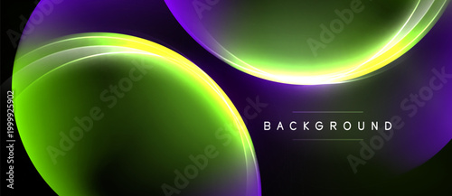 Abstract design features vibrant curves, gradients. Purple, green, yellow hues dominate black background. Modern, dynamic composition.