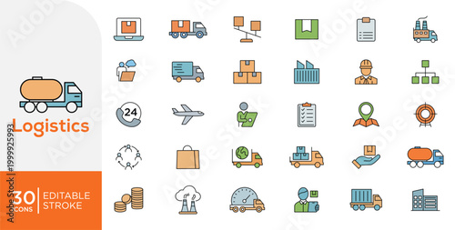 Shipping and Logistics Outline Icons. Delivery, Cargo, Transport, Supply Chain, Warehouse Symbol Editable Stroke