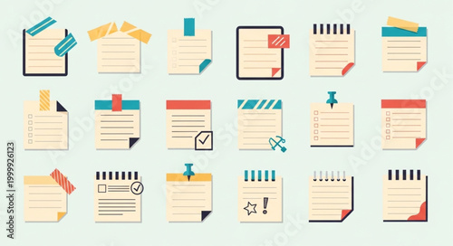 Collection of various sticky notes and paper notes with tape and pins.