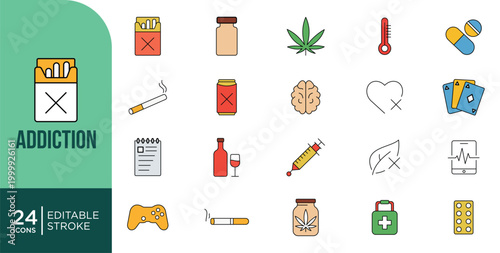 Addiction Icons Set Design. Substance Abuse, Recovery and Health Editable Stroke Vector Outline Symbols