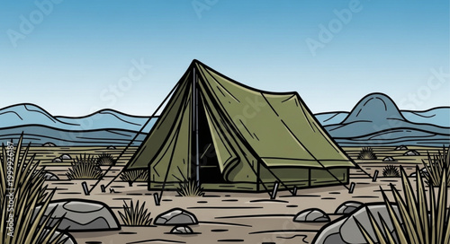 Illustration of a Camping Tent in a Desert Landscape.