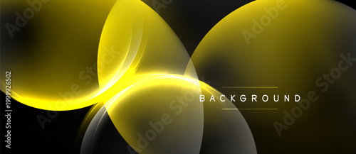 Abstract yellow shapes overlap black background. Smooth gradients create dynamic visual effect. Modern design element for presentations.