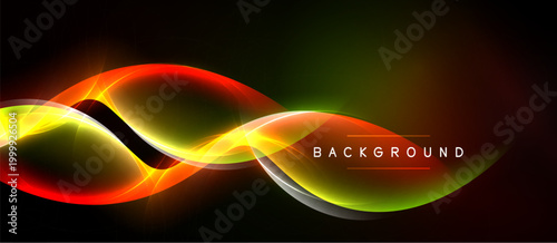 Bright abstract waves, vibrant colors blend. Dark background emphasizes glowing light curves, modern design element.