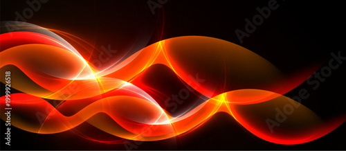 Abstract waves, vibrant reds, oranges glow against black background. Dynamic energy, smooth curves create visual impact.