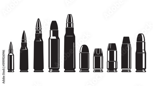Foto Bullets silhouette set with varying rifle and pistol shell shapes in bold monoch