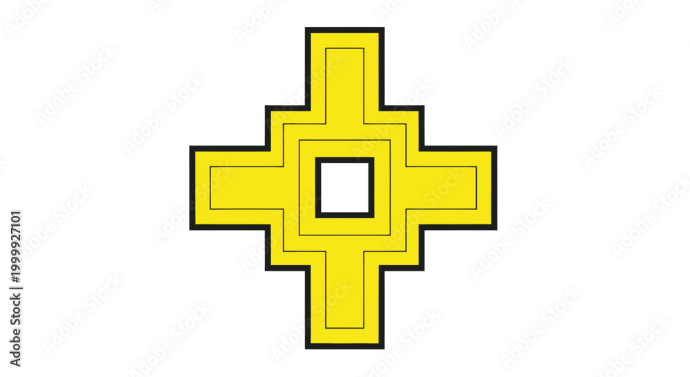 Fototapeta premium Geometric Abstract Yellow Cross Shape with Square Center on White Background