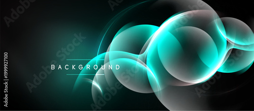 Abstract design features flowing turquoise light shapes over dark background. Text reads BACKGROUND. Modern, elegant visual composition.