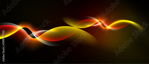 Abstract waves, vibrant colors, dynamic flow. Red, yellow, white elements contrast dark background. Modern design, energy, movement.