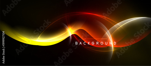Abstract design features flowing light curves. Warm colors dominate, creating dynamic visual effect. Background is dark, emphasizing bright elements.
