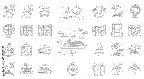 Set of Hand Drawn Travel and Vacation Icons.