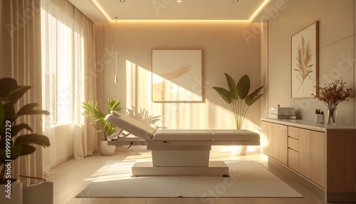 Clean and modern wellness treatment room with massage table and plants