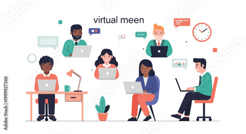 This vector illustrates a diverse team of professionals engaging in a virtual meeting while using laptops in various remote and office settings.