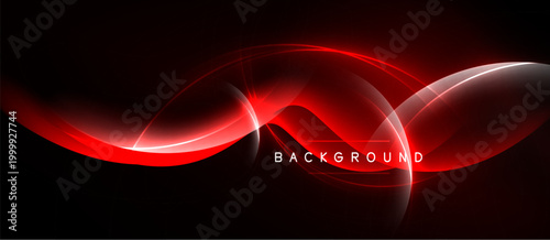 Abstract red lines, curves, shapes over black background. Modern design element, dynamic flow, glowing effect present.
