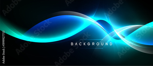 Abstract blue waves, glowing lines, dark background. Modern design element, suitable for banners or presentations. Simple, elegant.