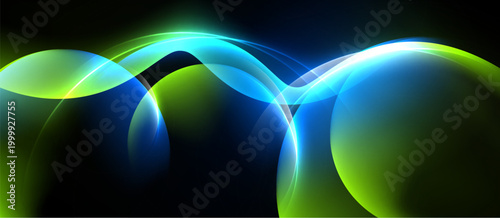 Abstract neon shapes overlap, creating luminous curves. Blue, green hues dominate dark background. Modern design element.
