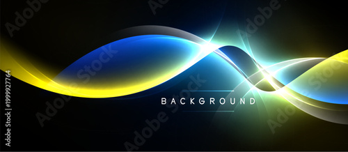 Abstract waves, vibrant colors, dynamic light effects. Modern design, smooth gradients, dark background creates visual impact.