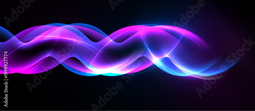 Bright wavy lines span image. Vivid purple, blue hues contrast dark background. Smooth gradients create dynamic visual effect.