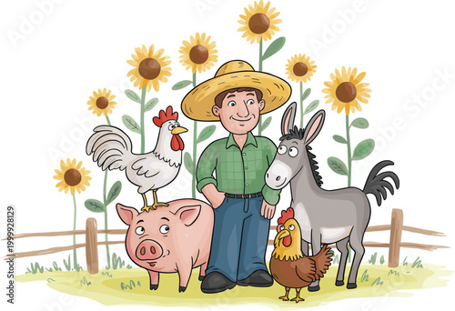 Farmer with farm animals illustration, pig donkey chicken rooster, rural agriculture scene, countryside vector character design
