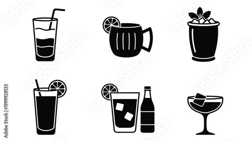 Set of black and white vector drink icons: various beverages, cocktails, alcohol, and soft drinks. Flat graphic design elements.