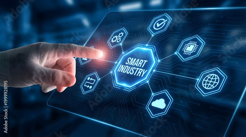 Hand interacting with a virtual screen showcasing smart industry solutions and technology icons