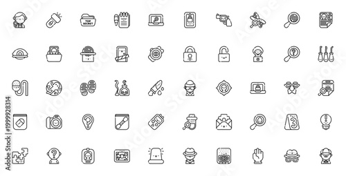 Private detective icon set. Minimal thin line vector pack. Includes torch, top secret, fingerprint, evidence, clue, lock, hacker, victim, camera, siren, Sherlock Holmes and more.